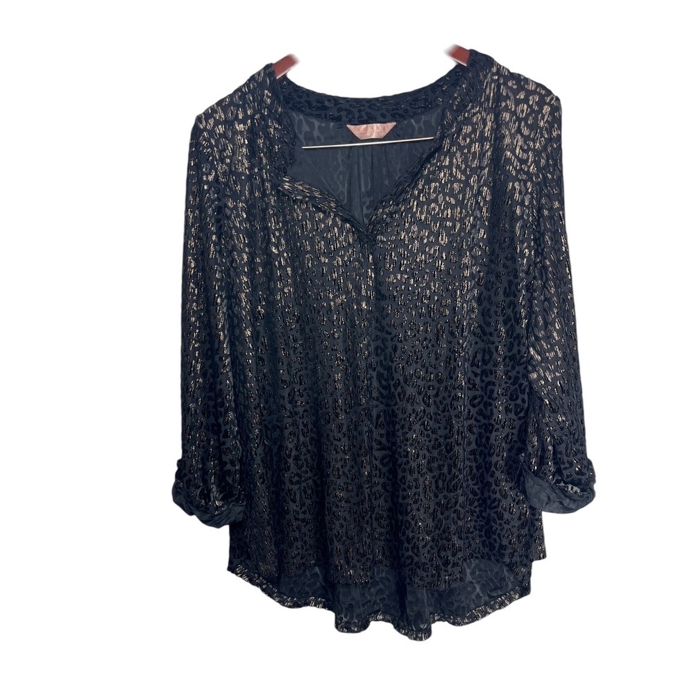 Amana Blouse‎ Women 2X Black Gold Metallic Leopard Print Split Neck Tunic